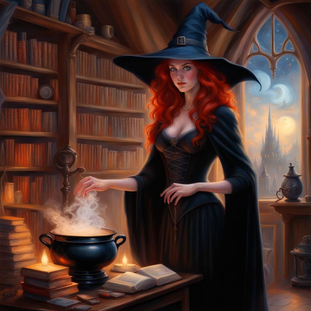 Young Witch with Cauldron in Ethereal Fantasy Style
