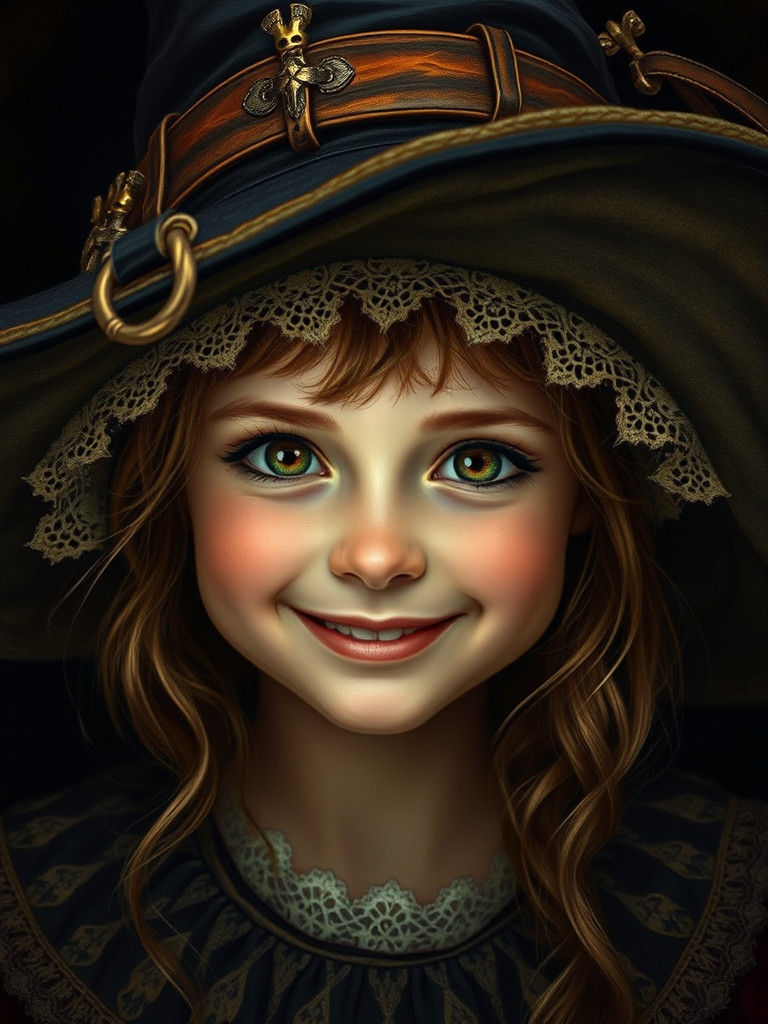 Girl with Witch Hat in Chiaroscuro Style