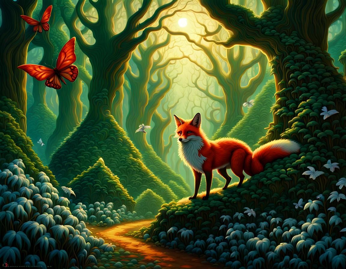 Mystical Forest Fox in Maximalist Gouache Style