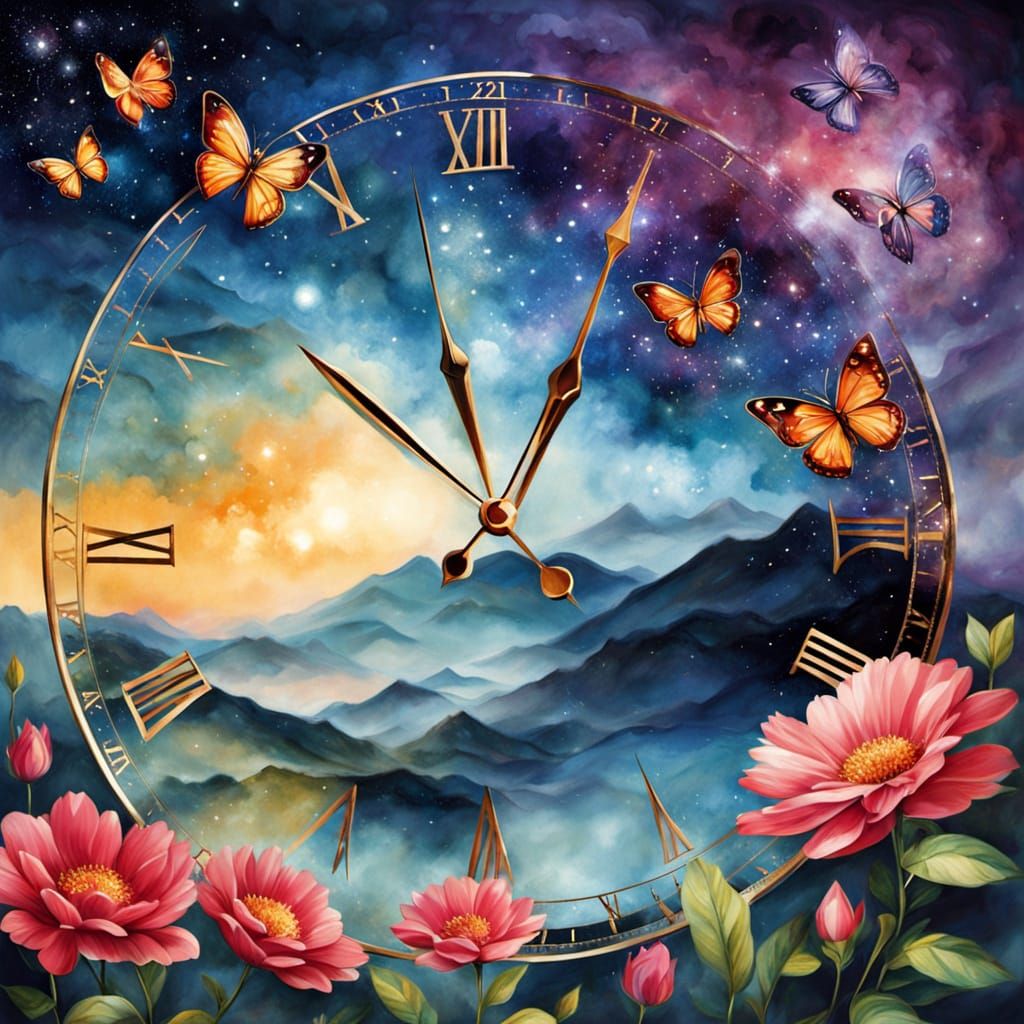 Ethereal Clockwork Love: Vibrant Sunrise and Shimmering Elem...