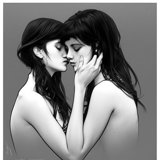 Monochrome Portrait of Two Girls Kissing