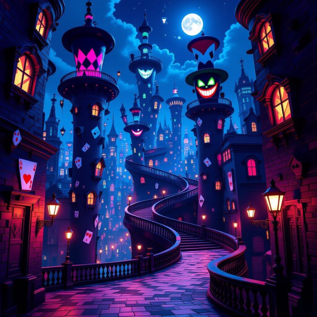 Surreal Joker Cityscape with Psychedelic Colors and Twisted ...