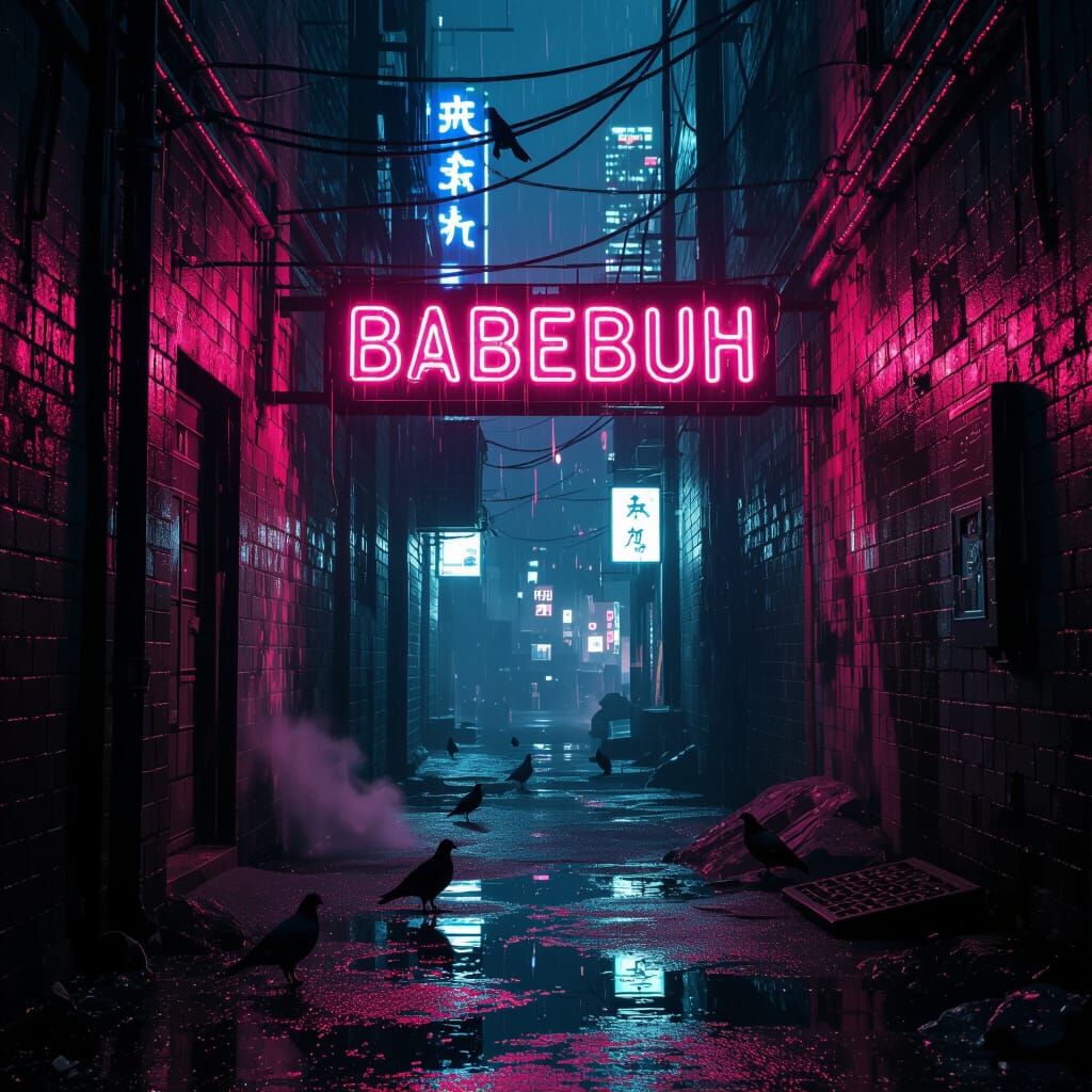 Cyberpunk Alley Neon Sign Reflecting in Puddles