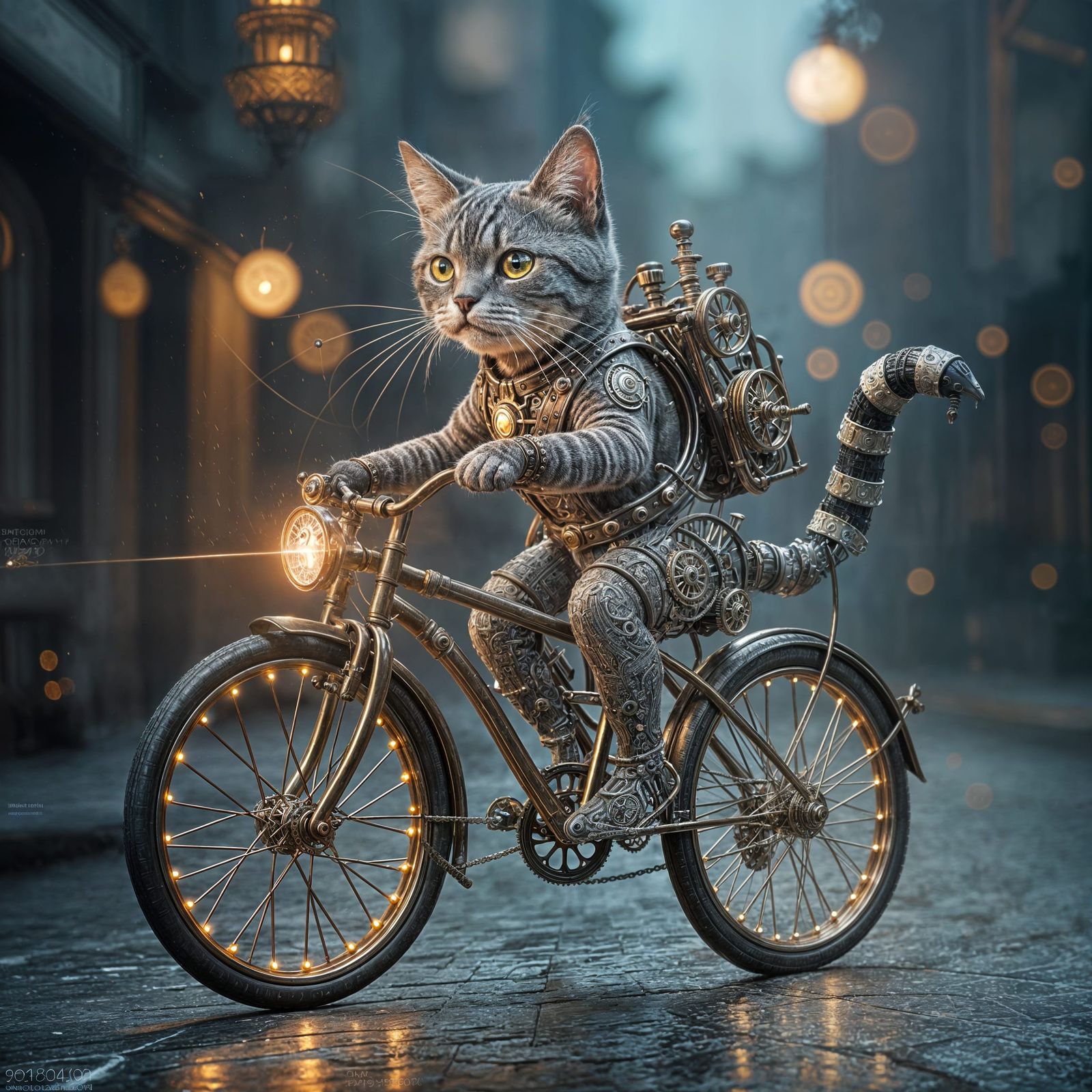 Steampunk Cat on Penny-Farthing Bicycle Flash Tattoo