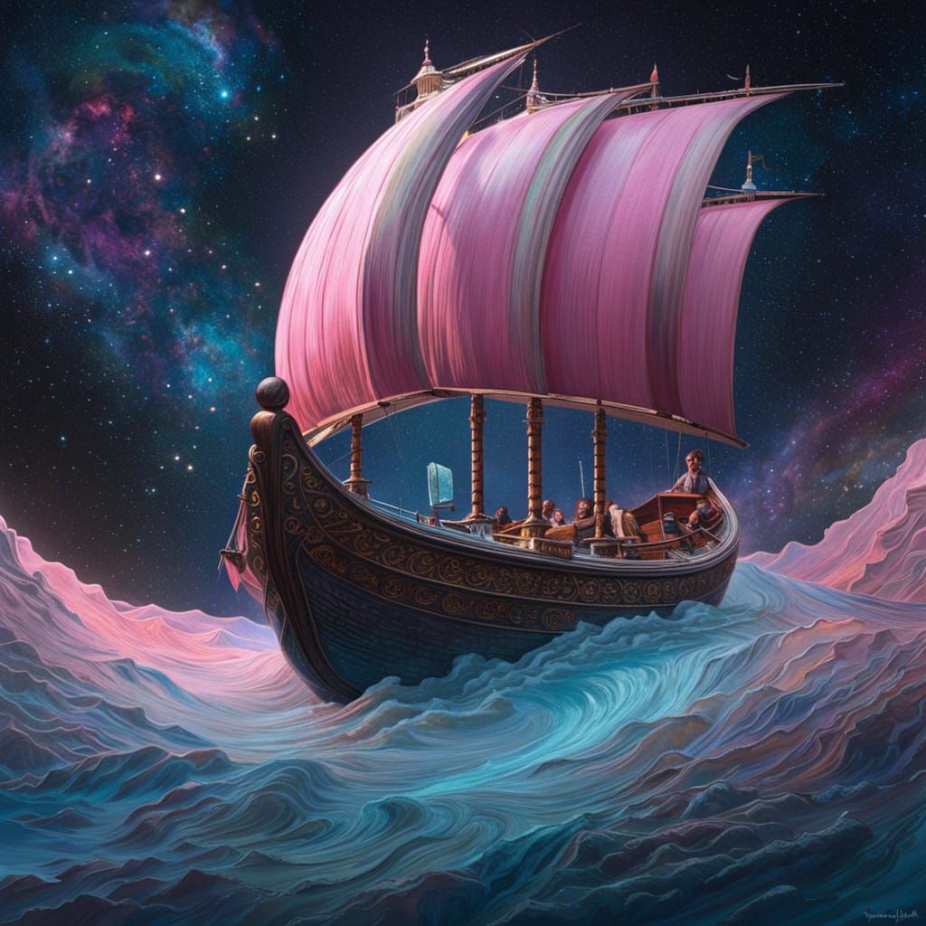 Viking Boat in Cosmic Galaxy, Rococo Gothic Style