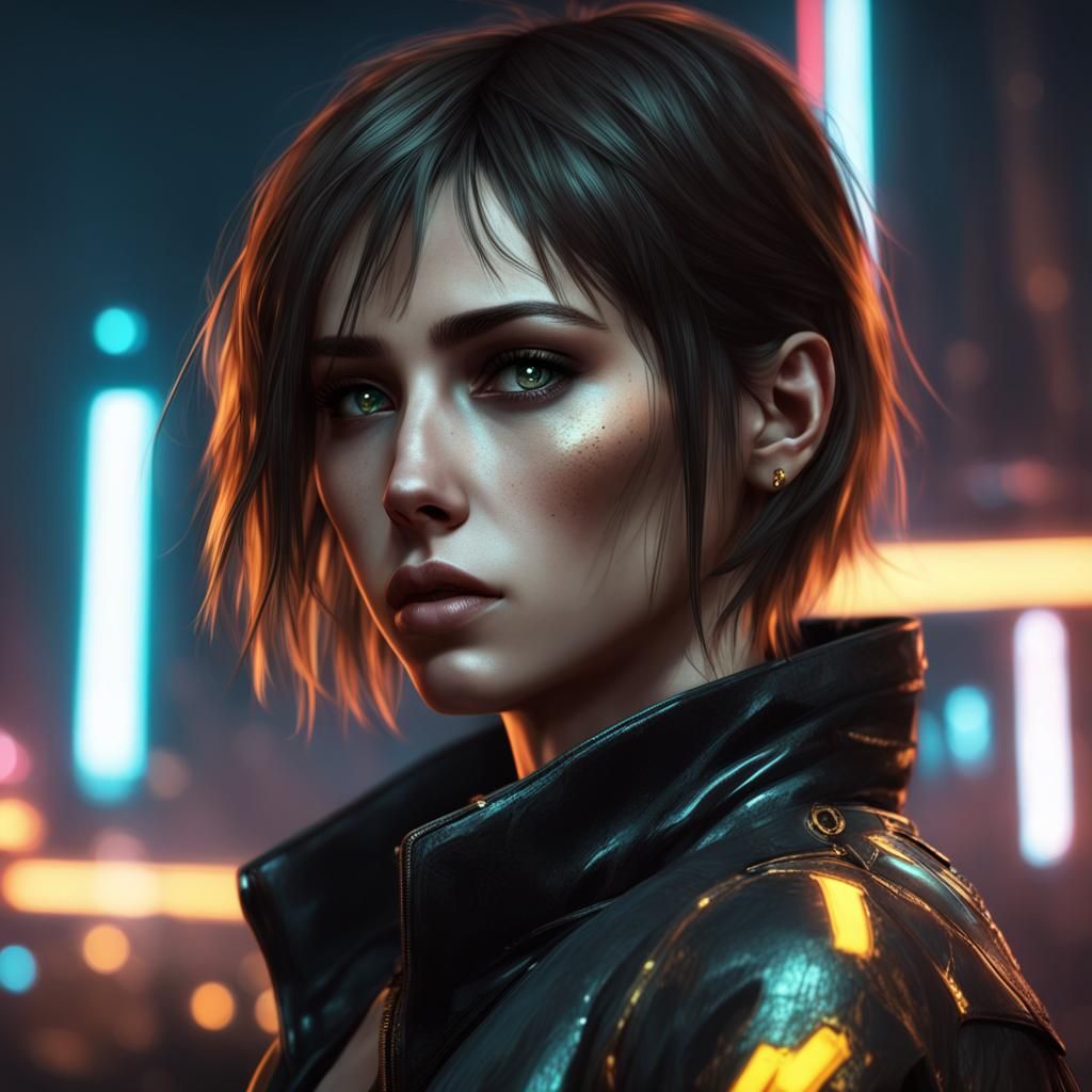 Sad Cyberpunk Girl with Golden Eyes and Neon