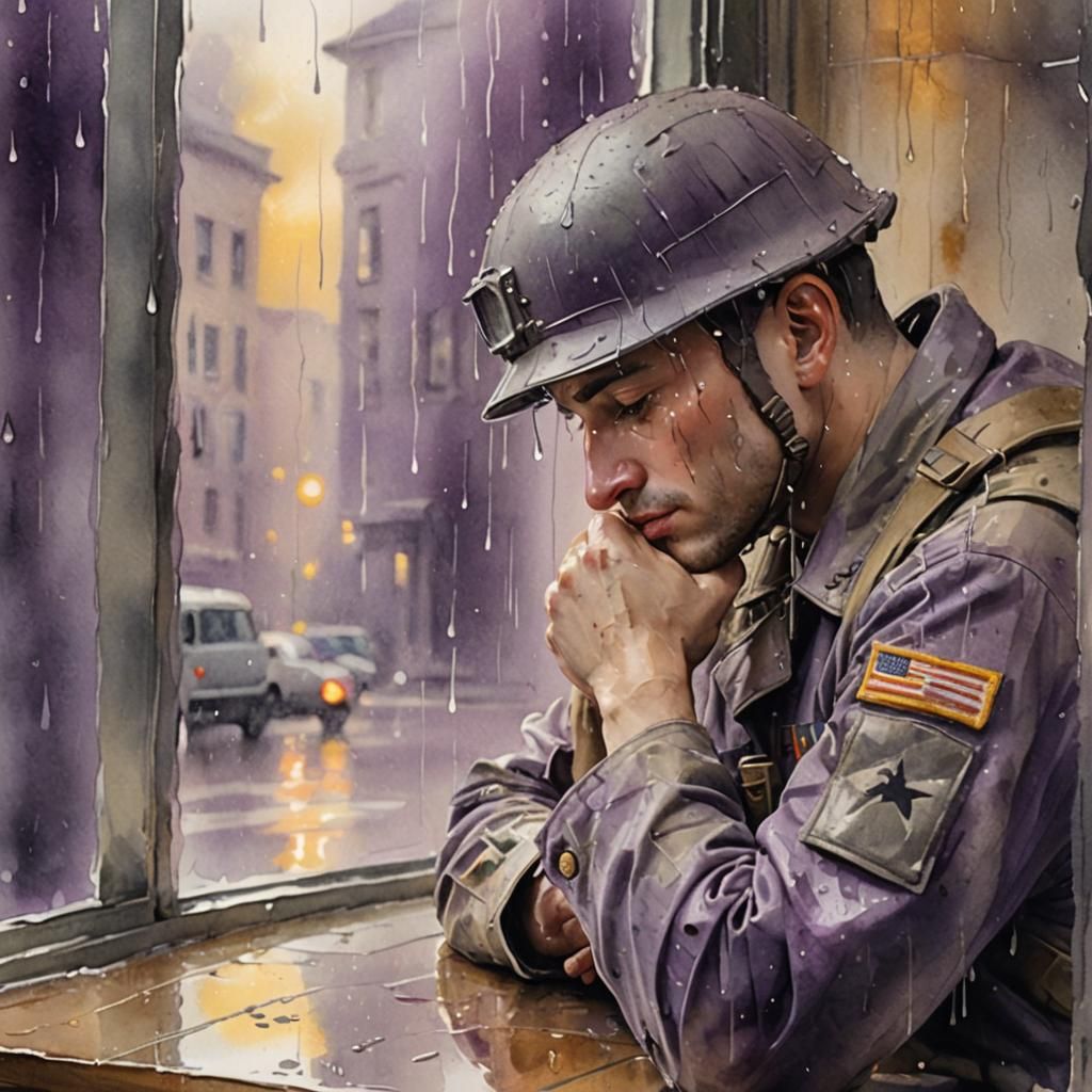 Soldier Gazing Through Rainy Window in Watercolor Style