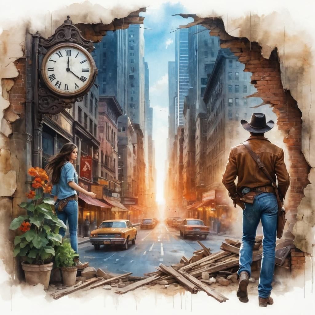 Wild West Time Portal in New York, Watercolor