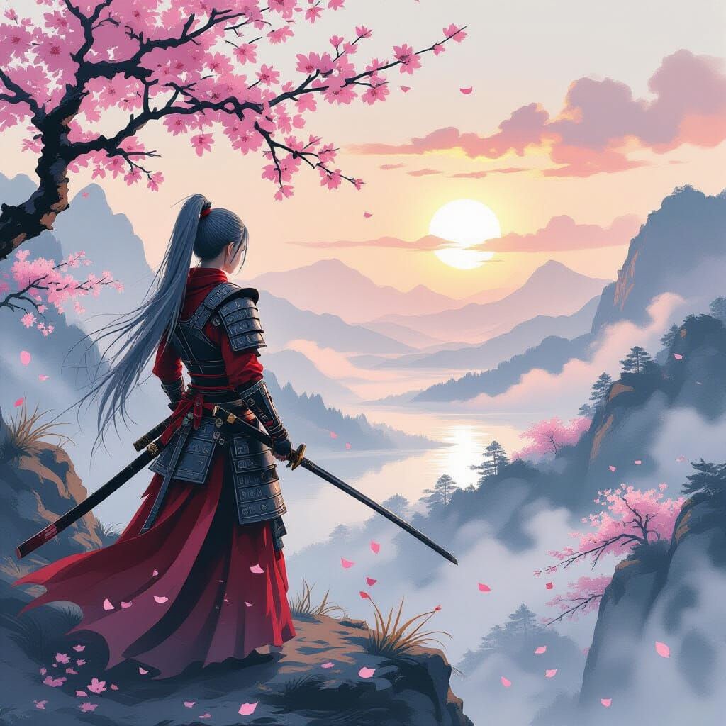 Hyperrealistic Female Samurai on Cliff Overlooking Valley at...