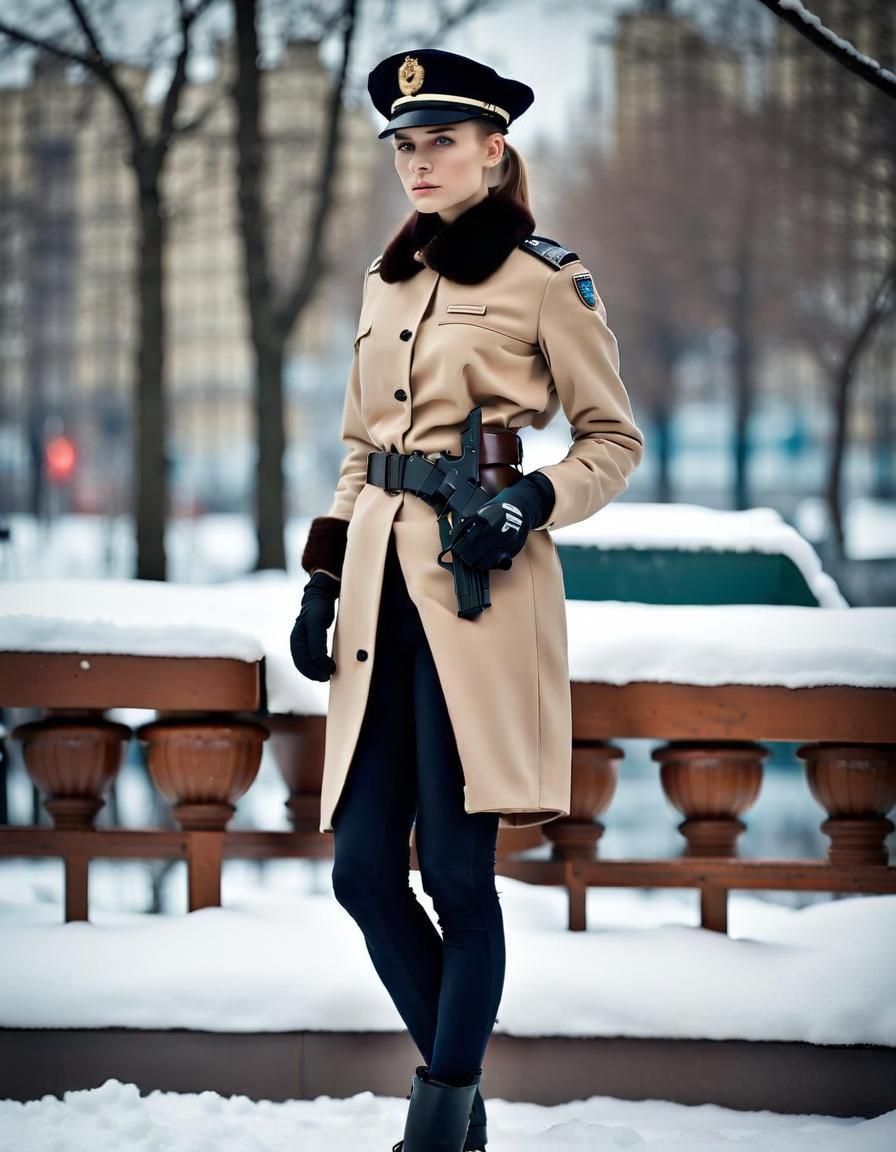 Young Russian Policewoman Patrolling Moscow in Winter