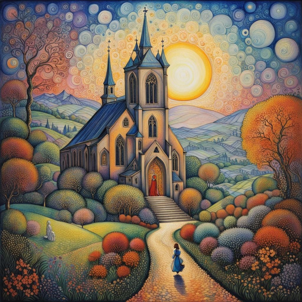 Ethereal Woman Walks to Church in Pointillist Style