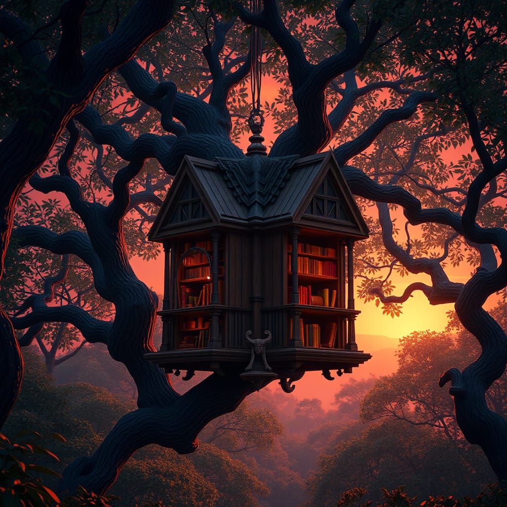 Mystical Library Amidst Lush Canopy at Sunset