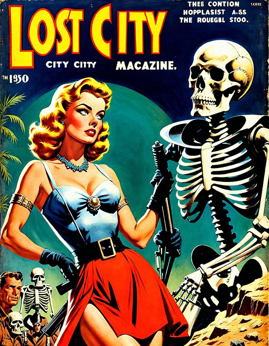 Pulp Magazine Cover: Archaeologist and Skeleton Hoplites