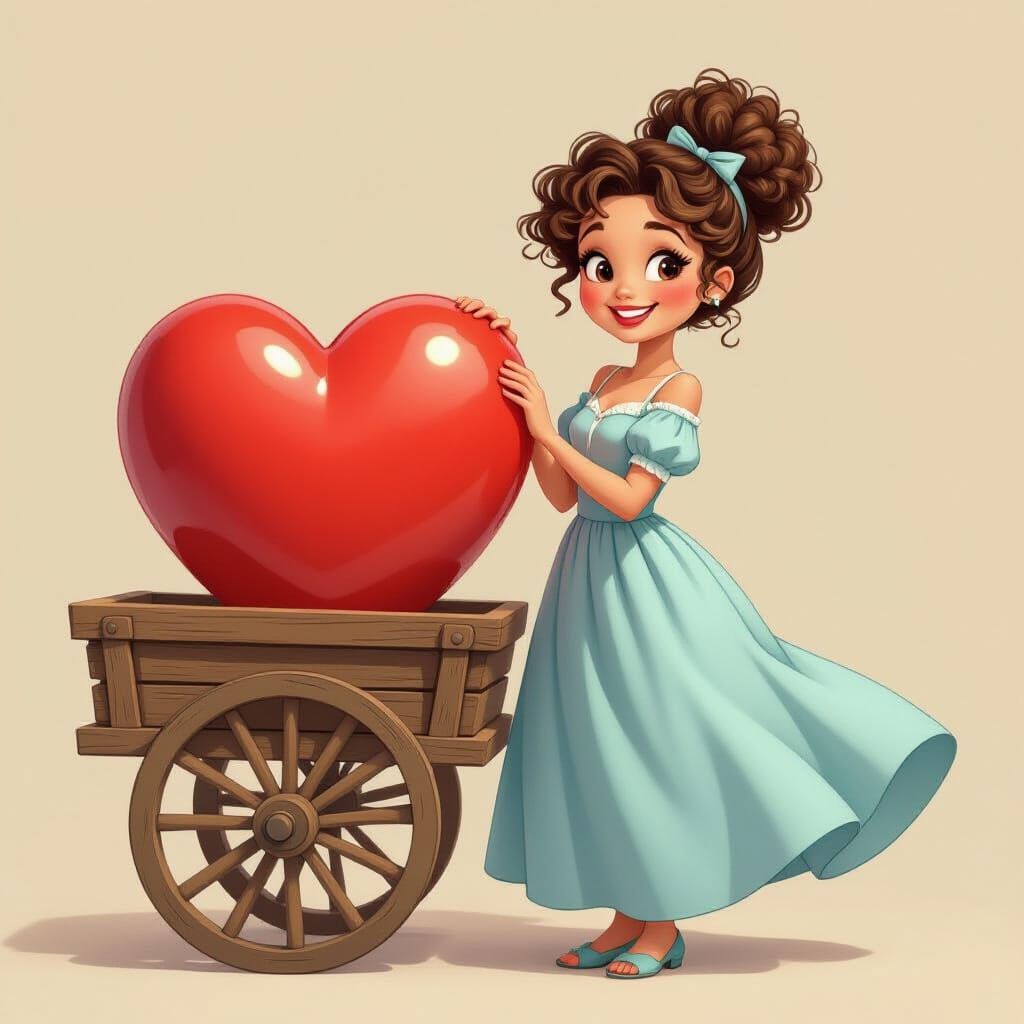 Whimsical Cartoon Woman With Red Heart Cart