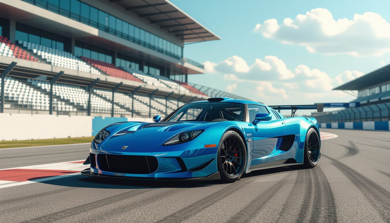 Blue Sports Car Parked at Sunny Race Circuit