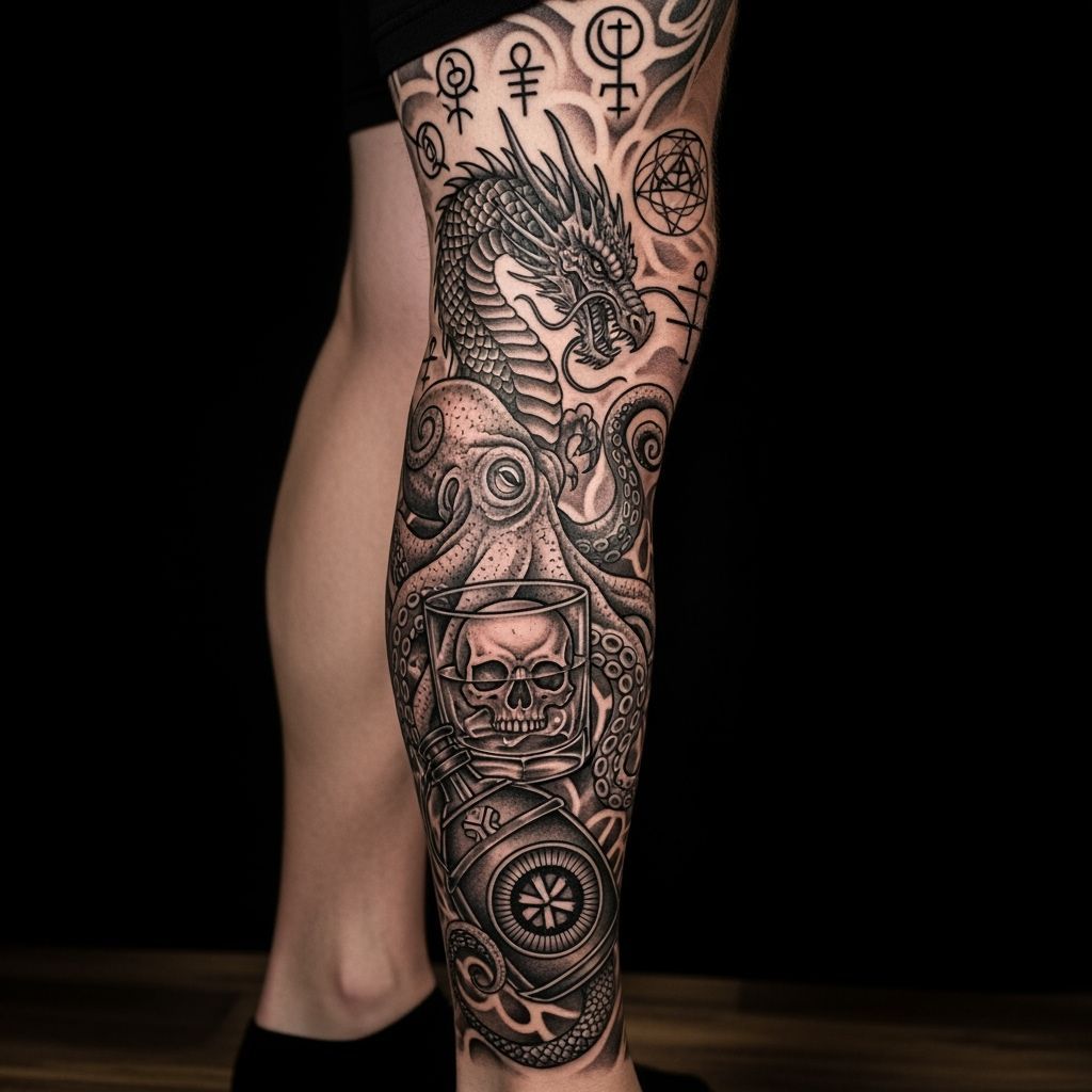 Mystical Leg Tattoo: Dragon, Octopus, and Skull