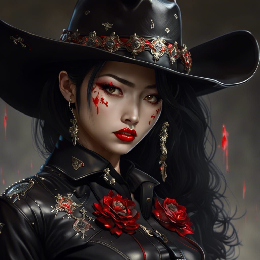 Stunning Japanese Cowboy Pin-Up in Black Cowgirl Outfit