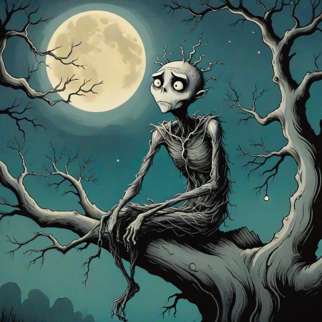 Spooky Figure on Tree Branch in Whimsical Ink Style