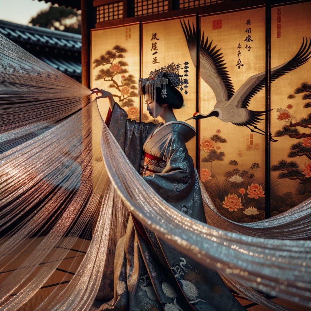 Geisha with Kanji Veil and Animated Cranes