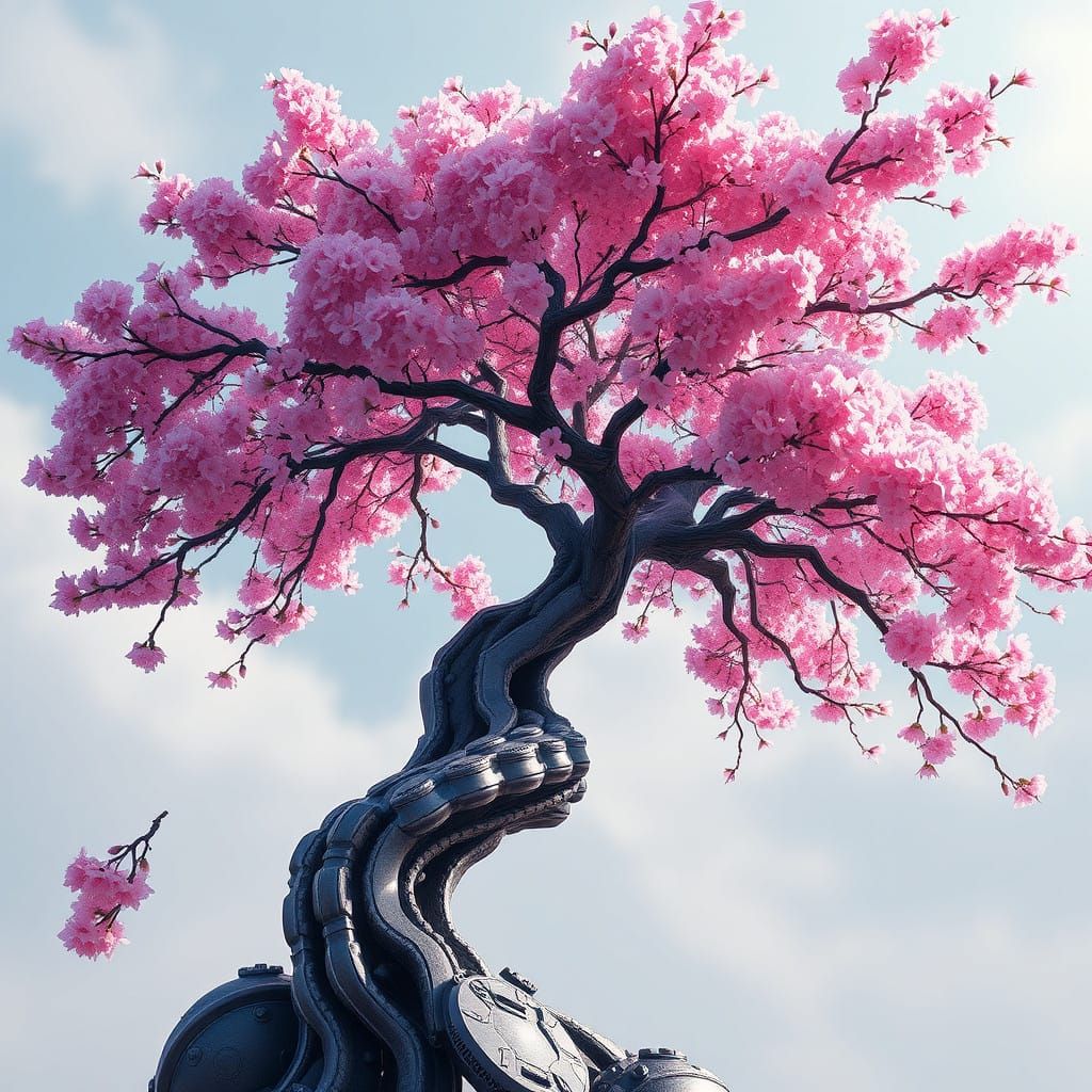 Surreal Cybernetic Sakura Blossoms Unfurl in Deep Color