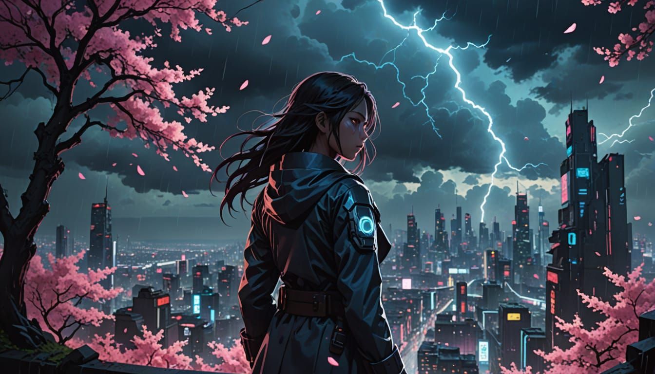 Cyberpunk Warrior in Neon Cityscape