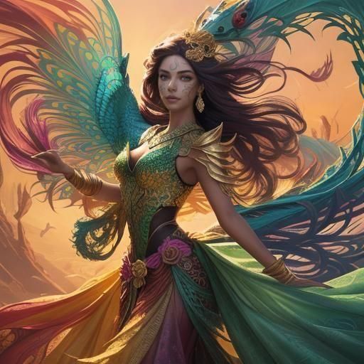 Dragon Peacock Woman in Abstract Expressionism