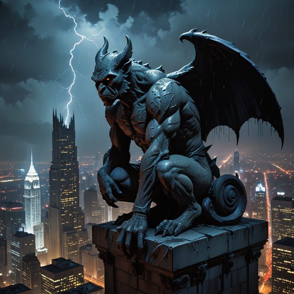 Gargoyle Overlooking Noir Cityscape
