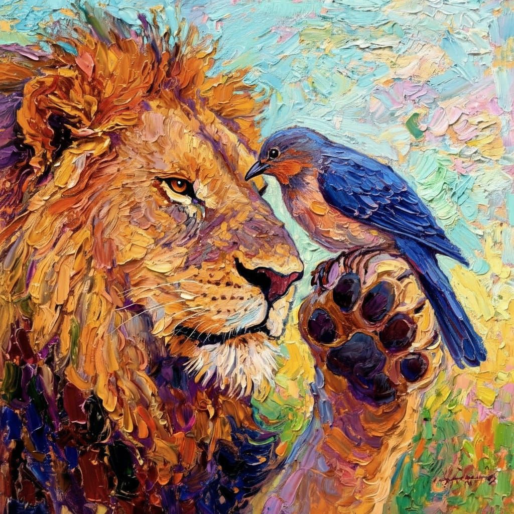 Lion and Bird Friendship in Impasto Oil Paint Style