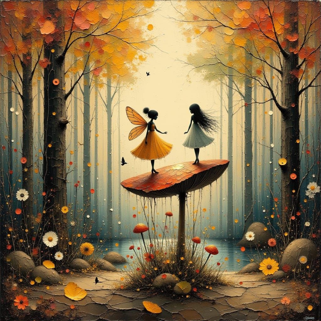 Three Fairies Dancing Around Toadstool in Autumn Wood