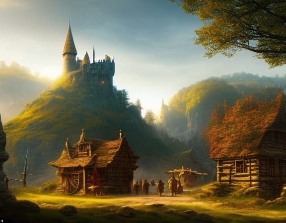 Wizard Faces and Watermill in a Fantasy Landscape