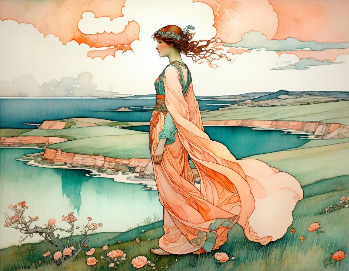 Art Nouveau Woman in Spring Storm Watercolor