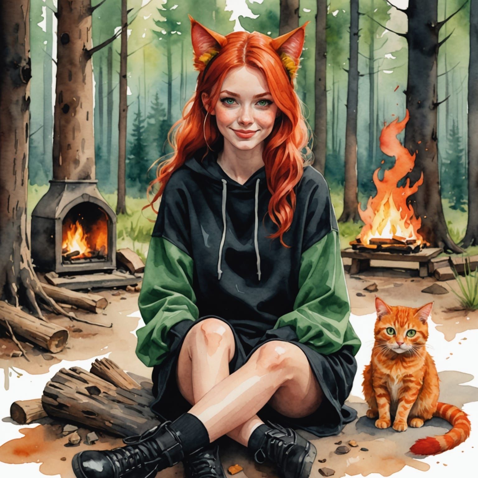 Red-Haired Cat Woman in Watercolor Style
