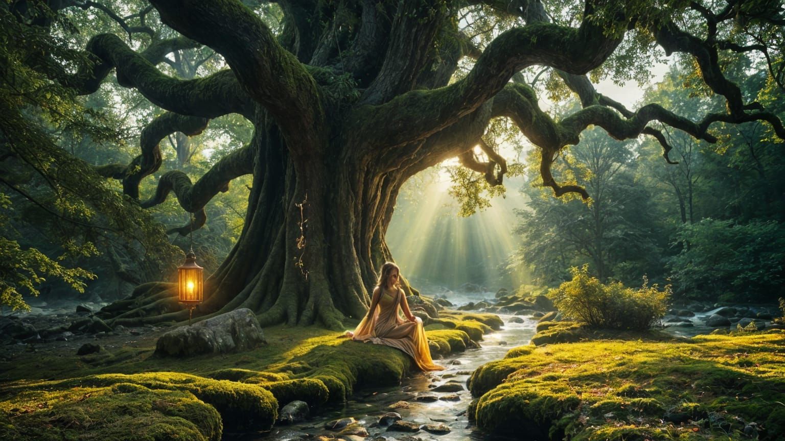 Elegant Elven Woman Meditating in Enchanted Forest