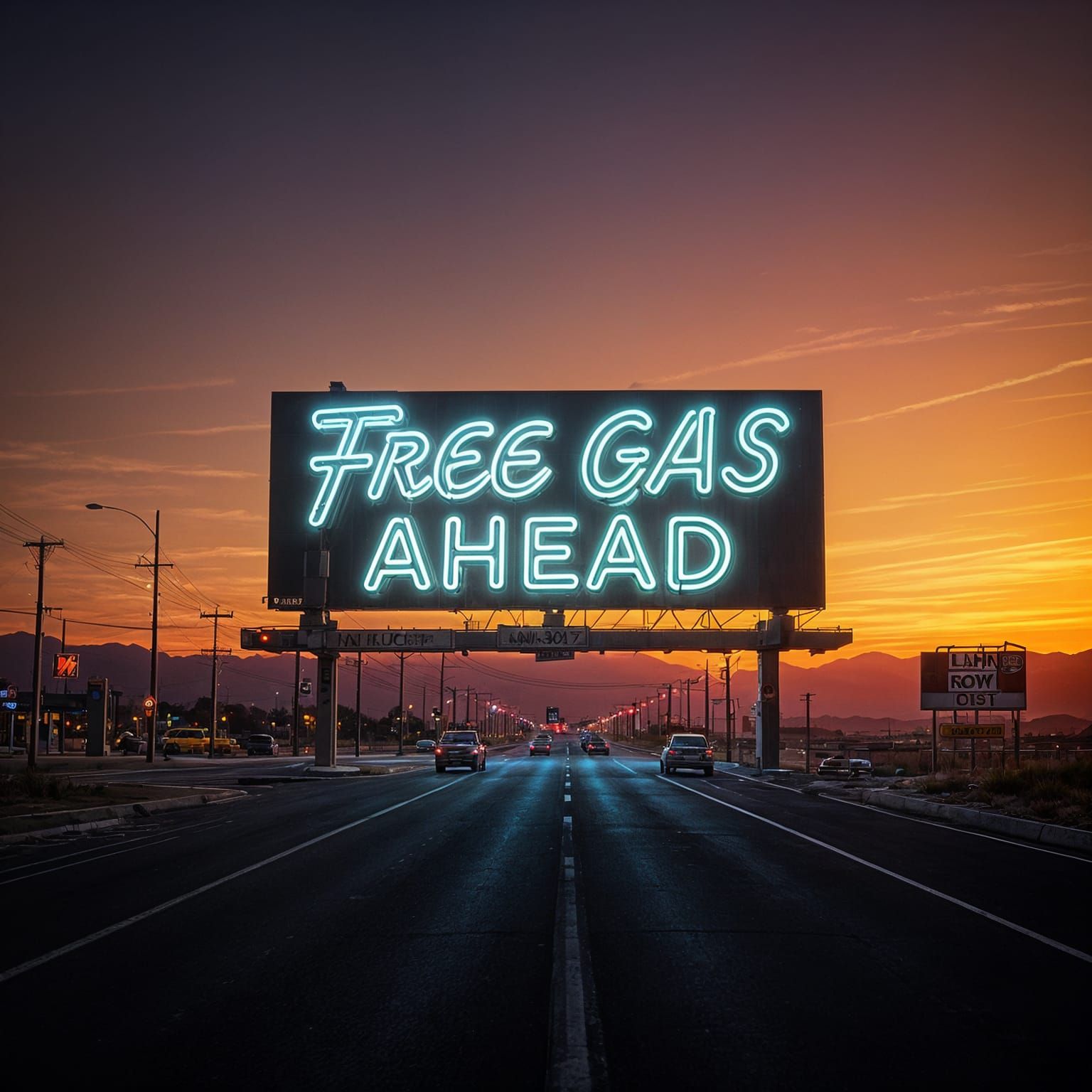 Glowing Billboard Promises Free Gas in Neon Splendor