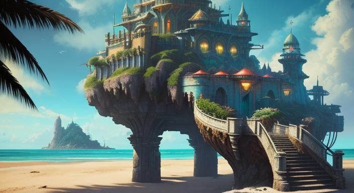 Tropical Cyberpunk Fortress by the Sea in Impasto Style