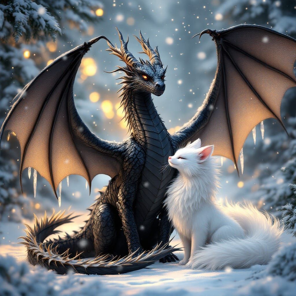 Majestic Black Dragon Shields White Kitsune on Christmas Eve