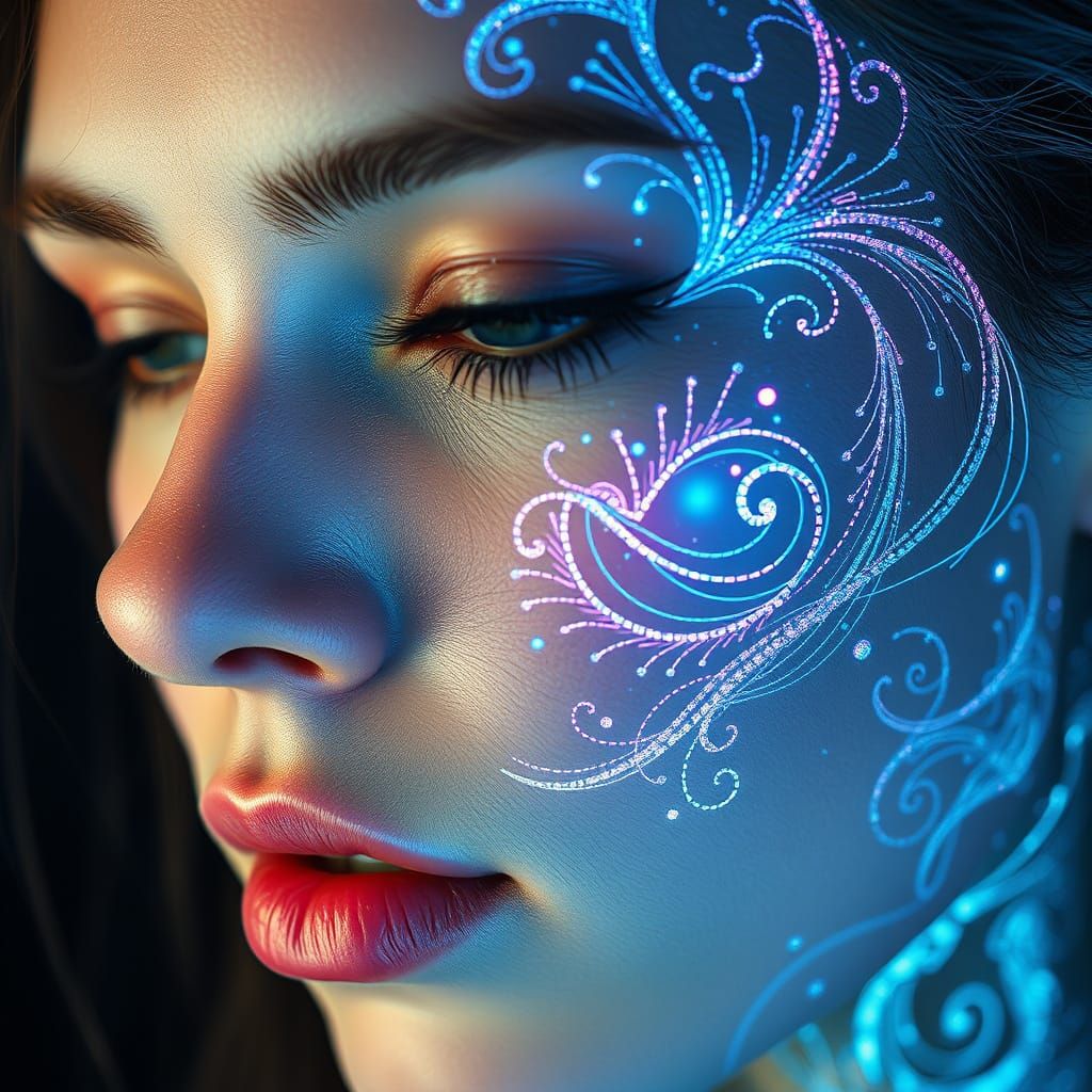 Holographic Woman's Face with Swirling Patterns