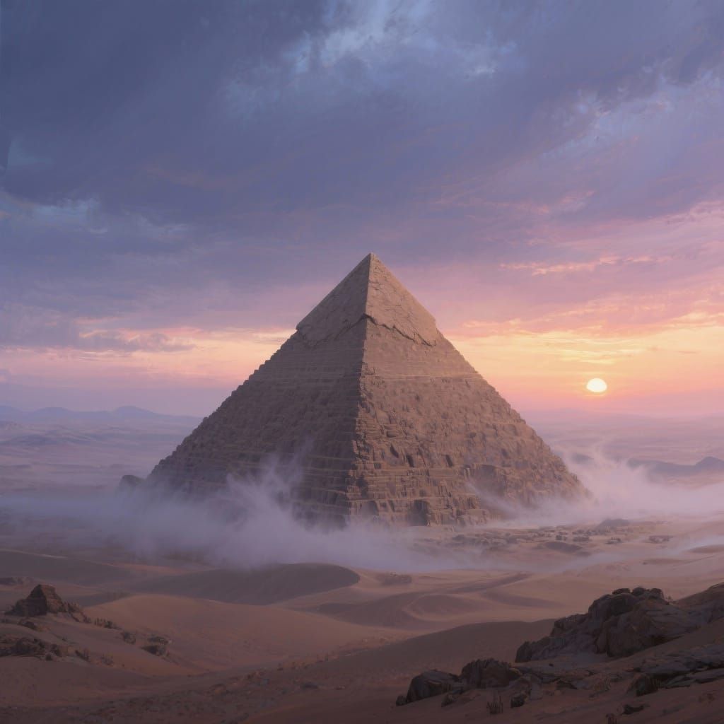 Ancient Pyramid in Dreamlike Desert at Twilight