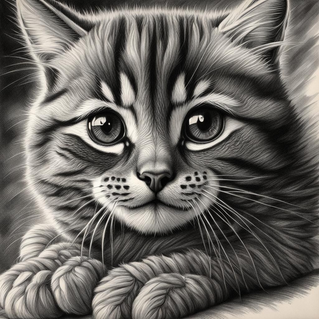 Hyperdetailed Charcoal Drawing of a Cute Cat