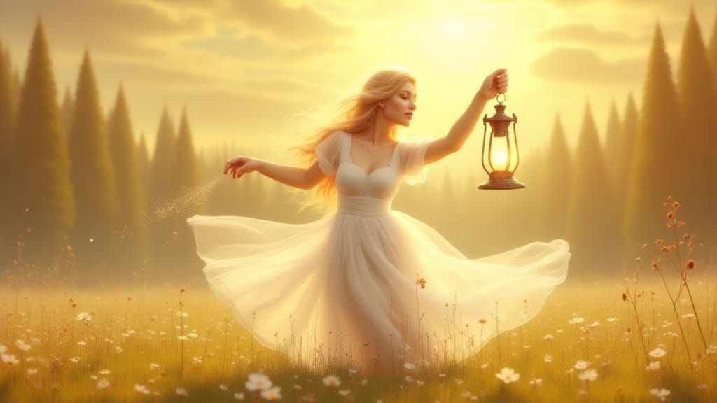 Woman with Lantern in Dreamy, Ethereal Style