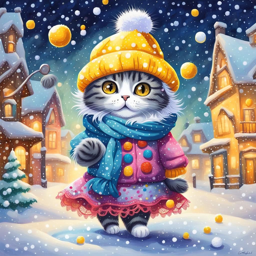 Cartoon Cat Dancing in a Snowy Candyland Wonderland