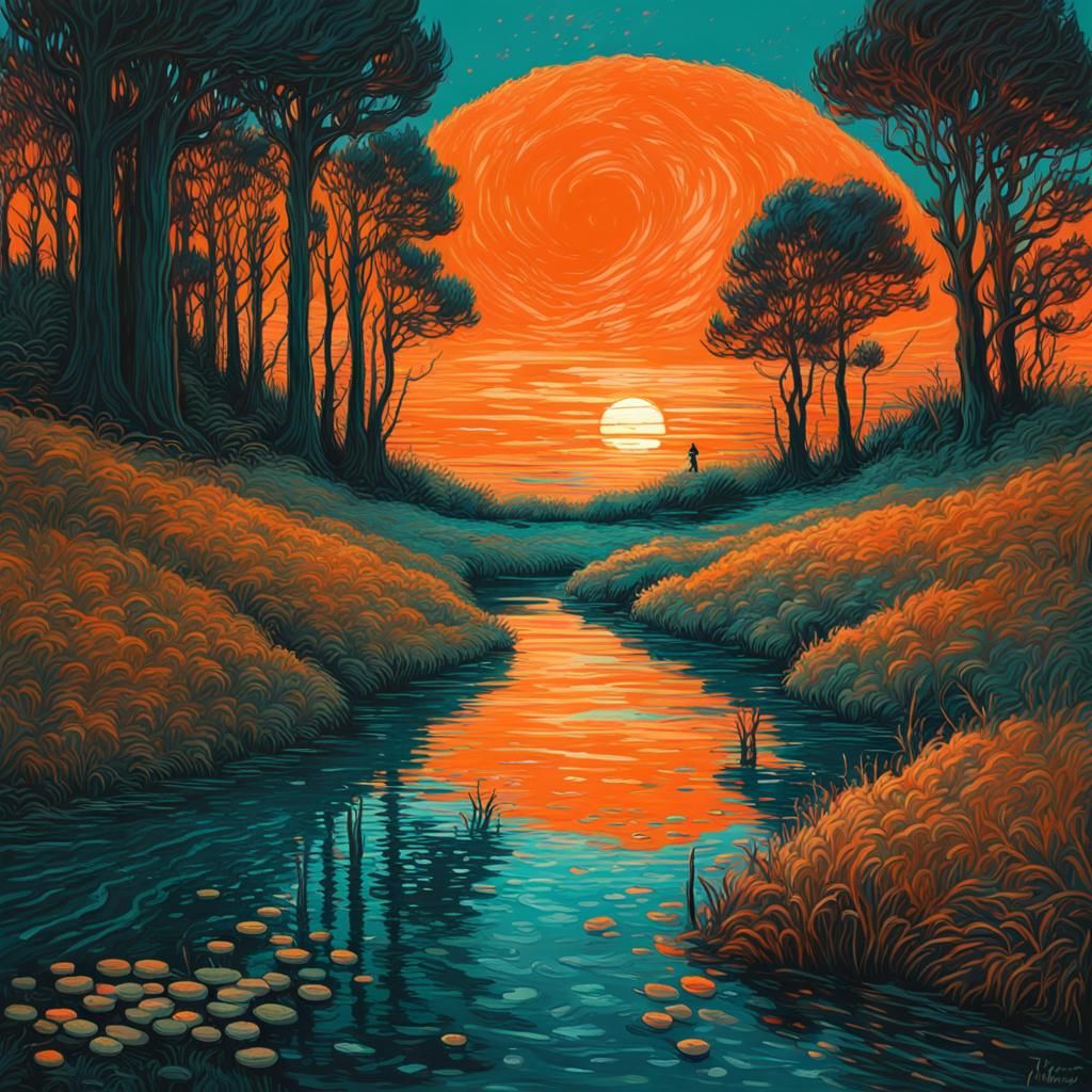 Teal and Orange Pond with Comet in Impressionist Style