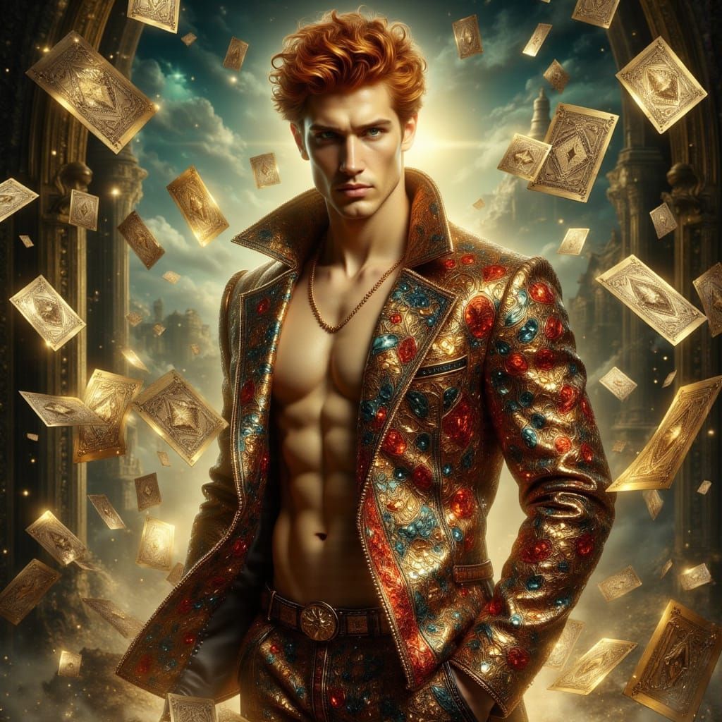Handsome Man Surrounded by Cards in Art Nouveau Punk Style