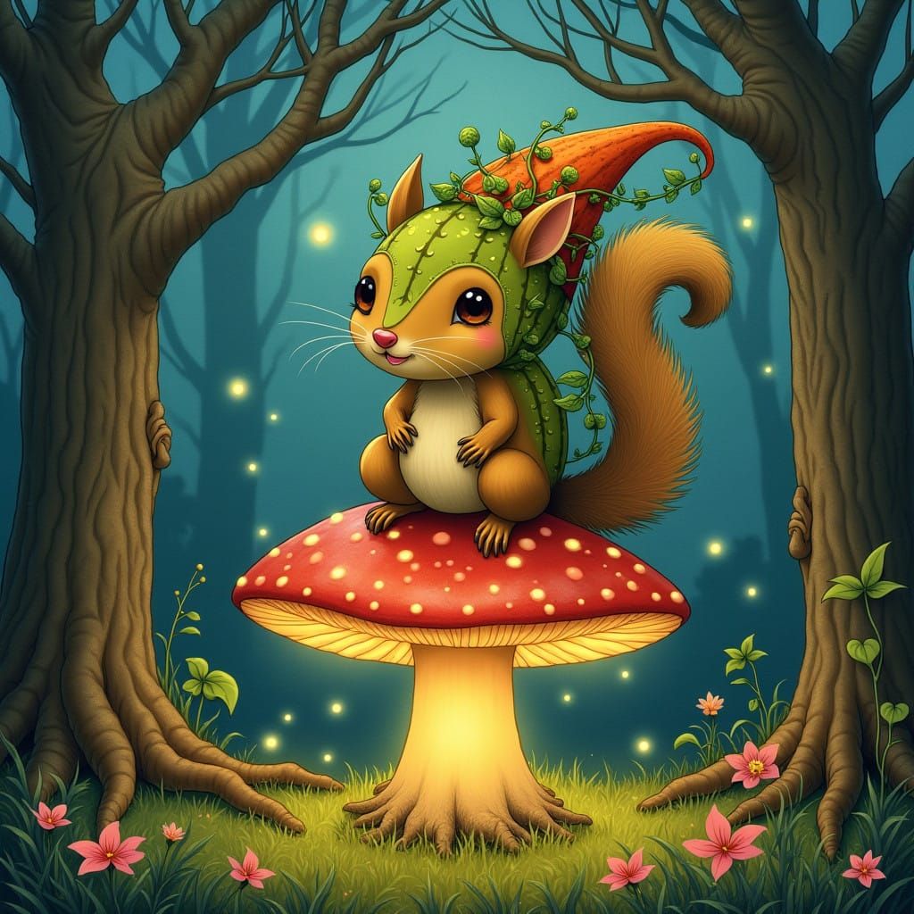 Whimsical Squirrel in a Mystical Forest Scene
