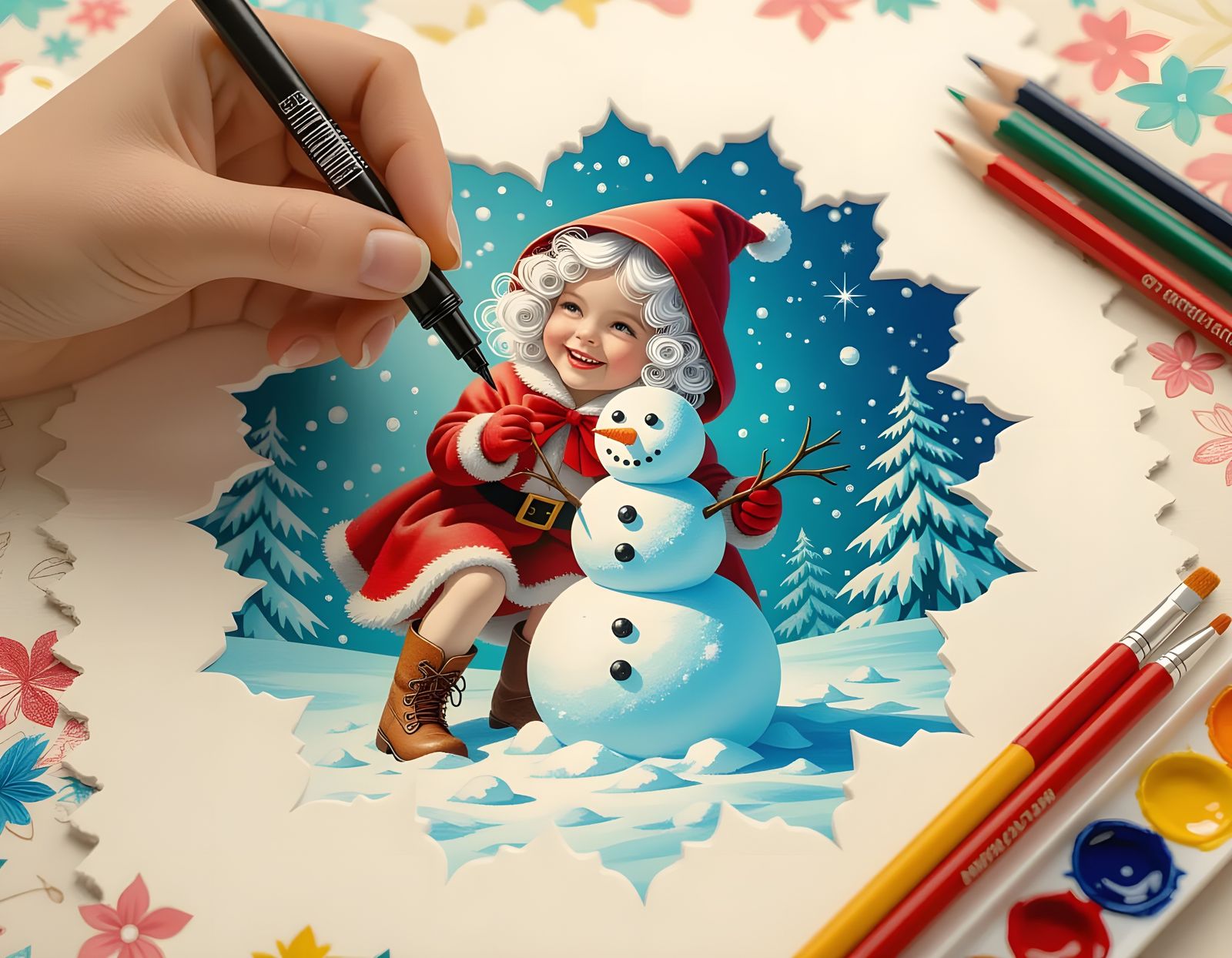 Girl Drawing Snowman on Paper, Hyperrealistic CGI Style