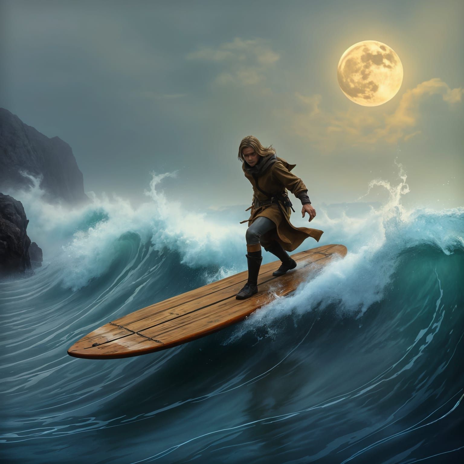 Surfer on a Wooden Longboard