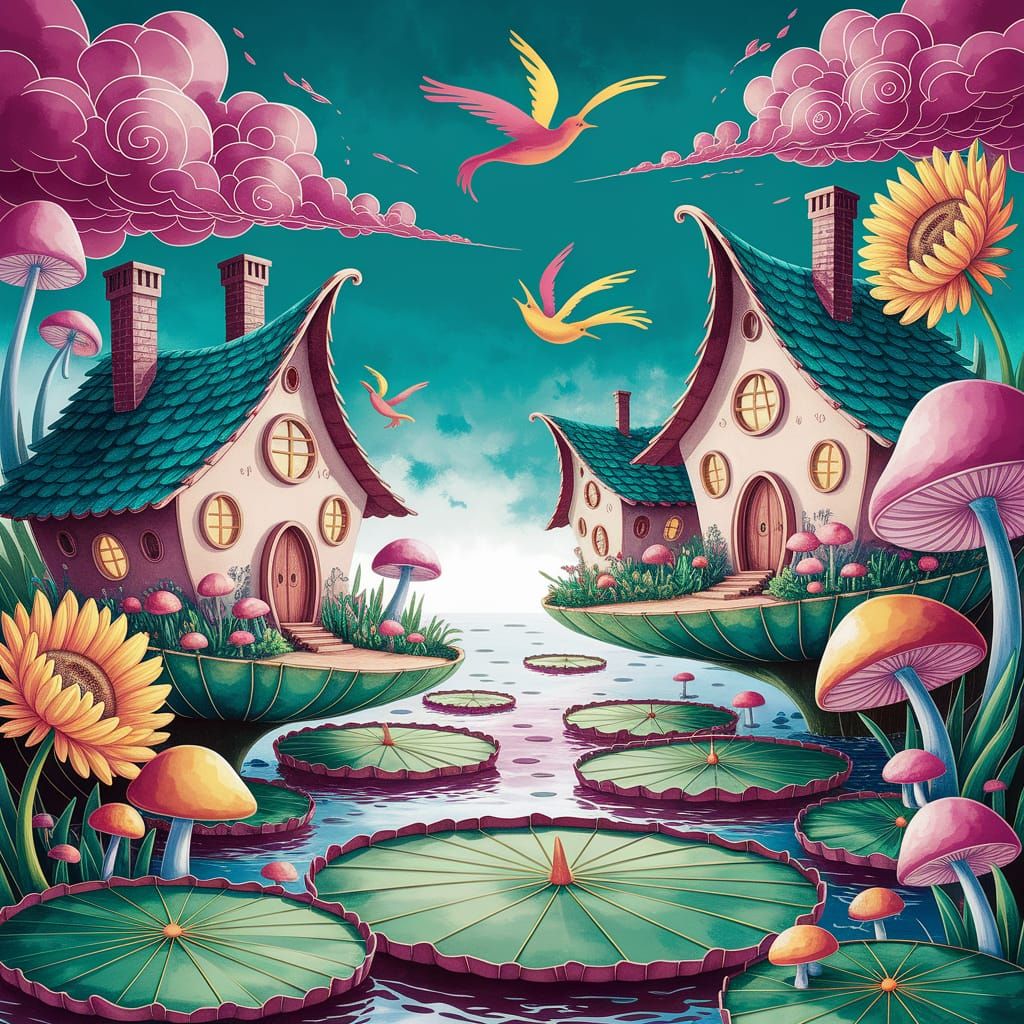 Floating Lily Pad Village: Whimsical Watercolor Illustration