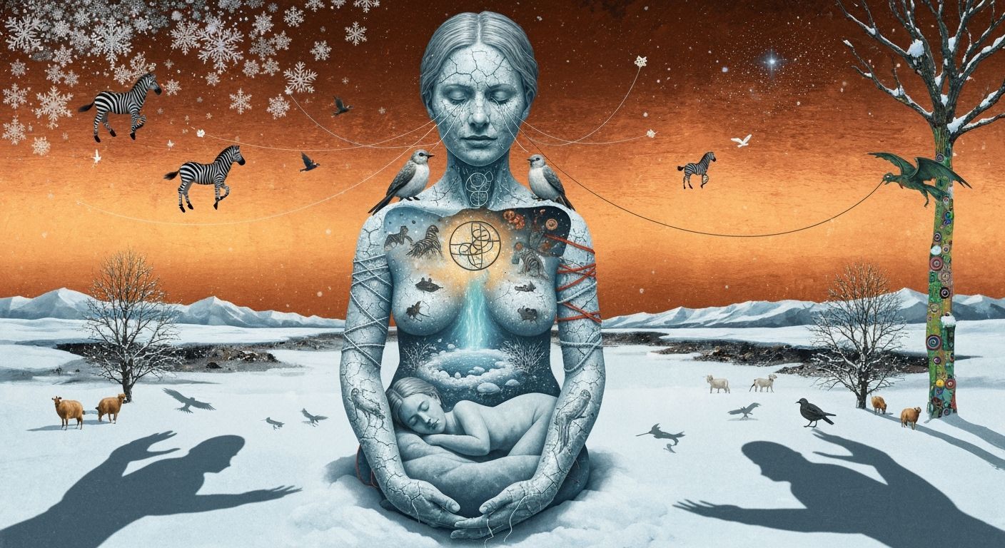 Resilient Woman Transforms in Surreal Winter Dreamscape