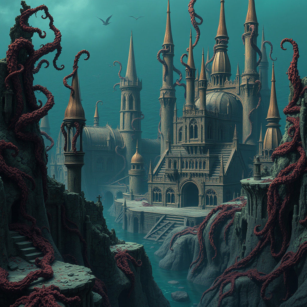 Eerie Innsmouth Cityscape in Dark Fantasy Style