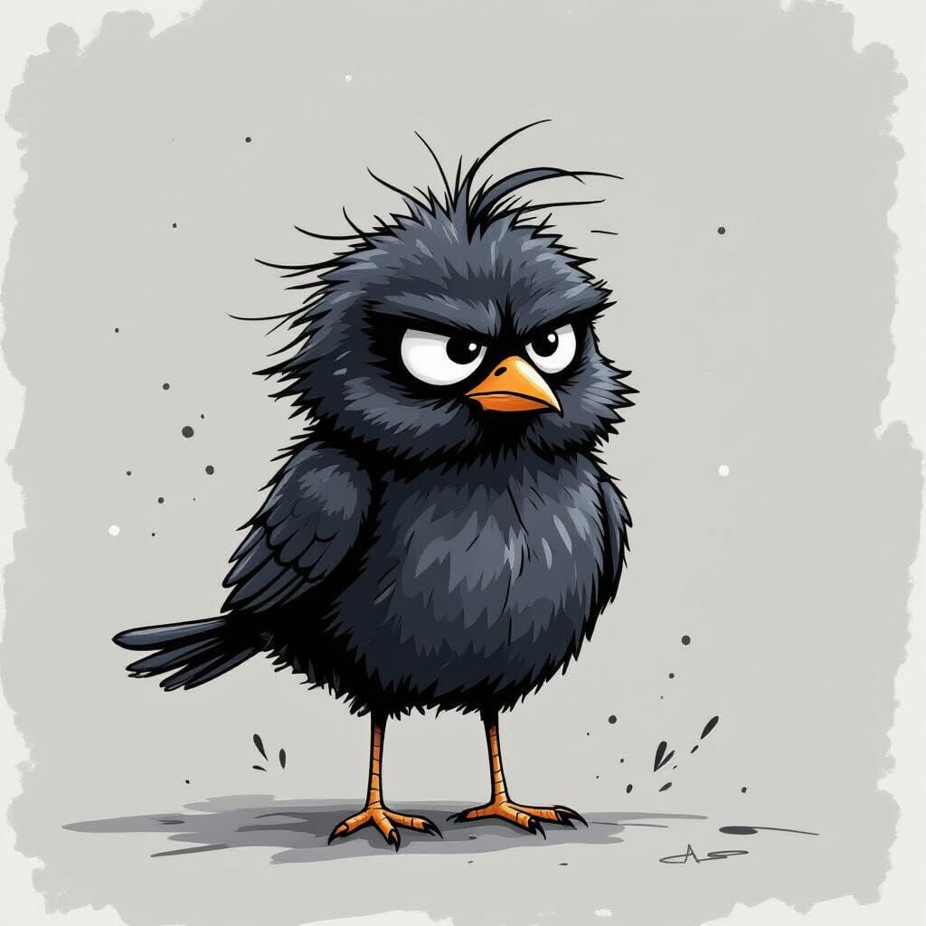 Grumpy Cartoon Bird in Childlike Charcoal Style